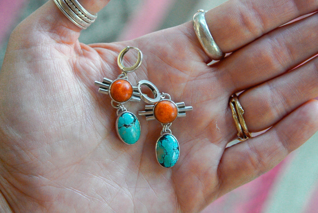 Coral + Turquoise Huggie Earrings