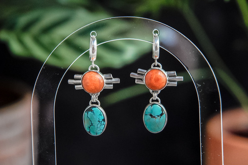 Coral + Turquoise Huggie Earrings