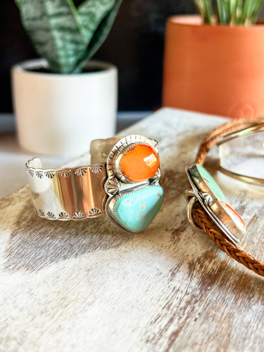 White Lake Turquoise and Mexican Fire Opal Cuff