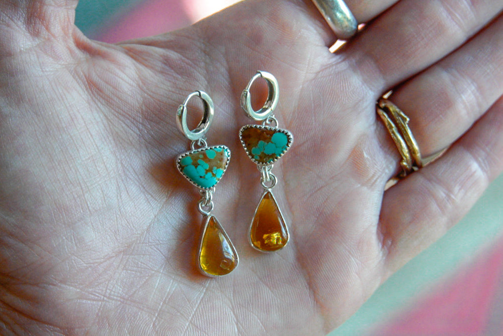Amber + Turquoise Huggie Earrings