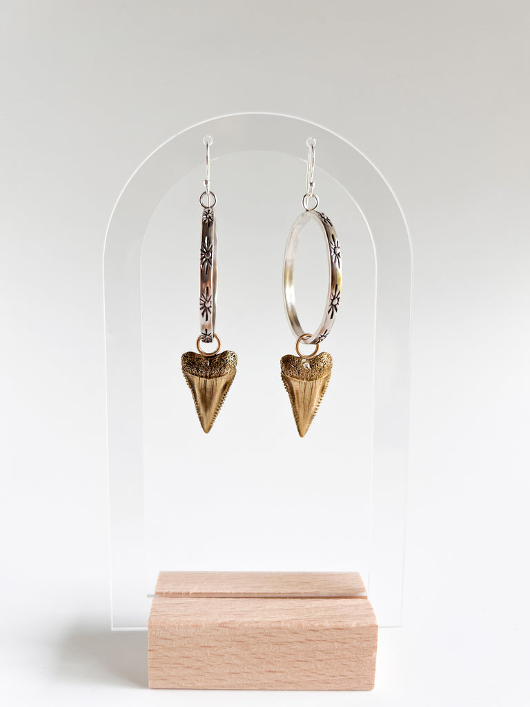 Mixed Metal Great White Shark Tooth Hoop Earrings