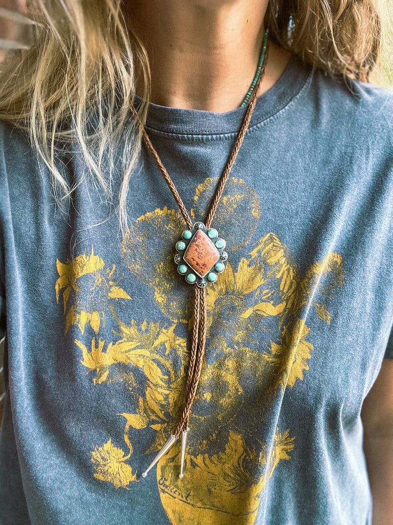Turquoise & Mexican Fire Opal Bolo