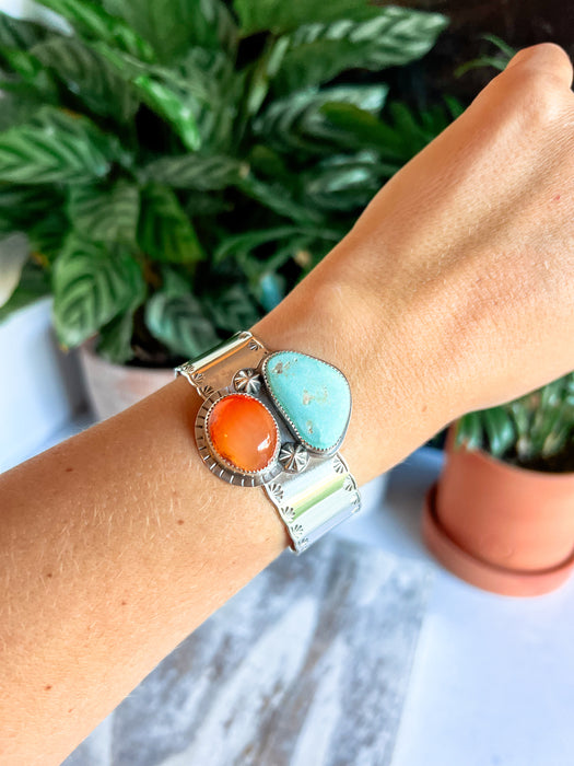 White Lake Turquoise and Mexican Fire Opal Cuff
