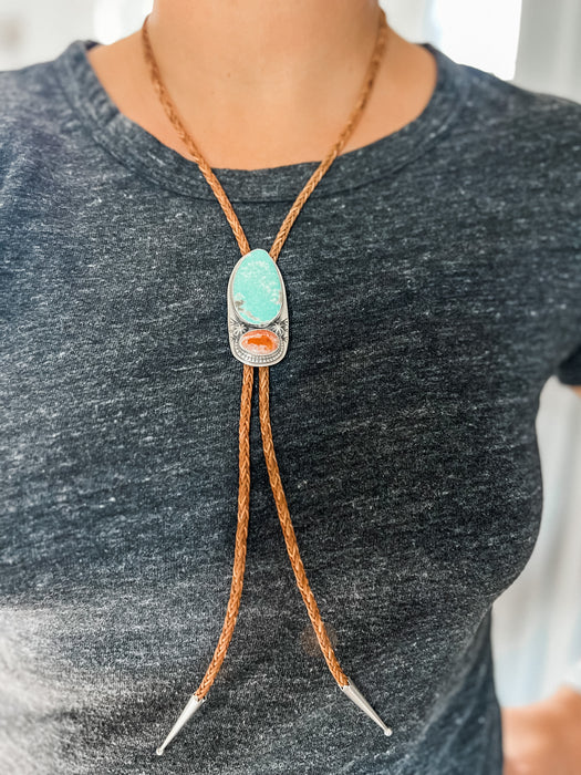 Turquoise and Mexican Fire Opal Bolo