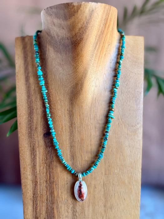 18" Kingman Turquoise + Fire Opal Necklace (2)
