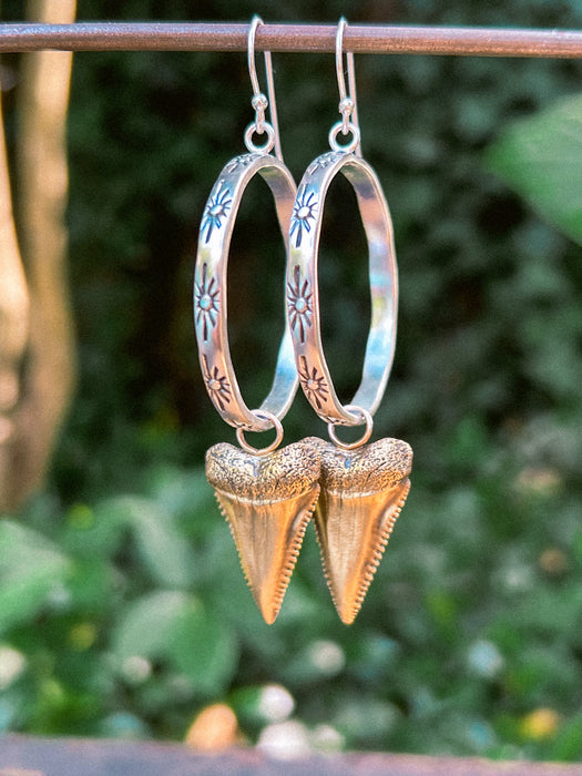 Mixed Metal Great White Shark Tooth Hoop Earrings