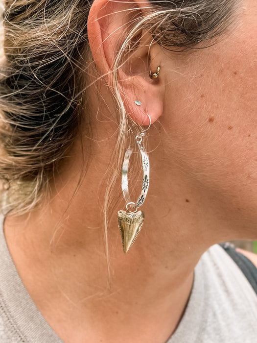 Mixed Metal Great White Shark Tooth Hoop Earrings