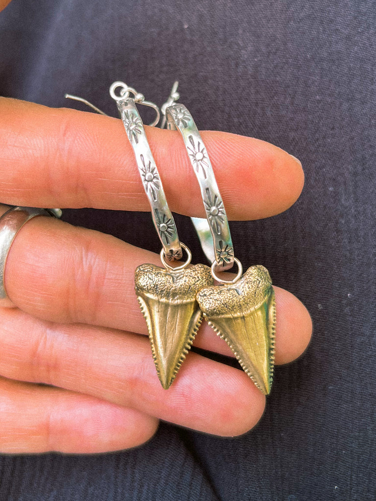 Mixed Metal Great White Shark Tooth Hoop Earrings