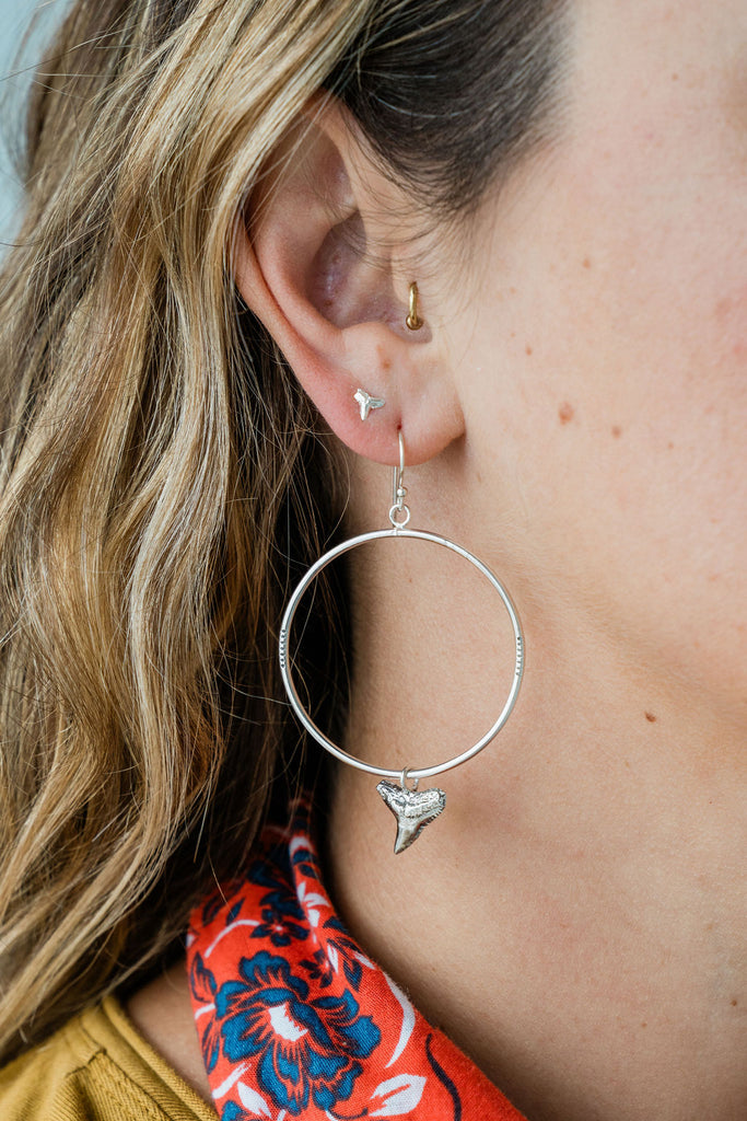 Sterling Silver Blacktip Shark Tooth Hoop Earrings